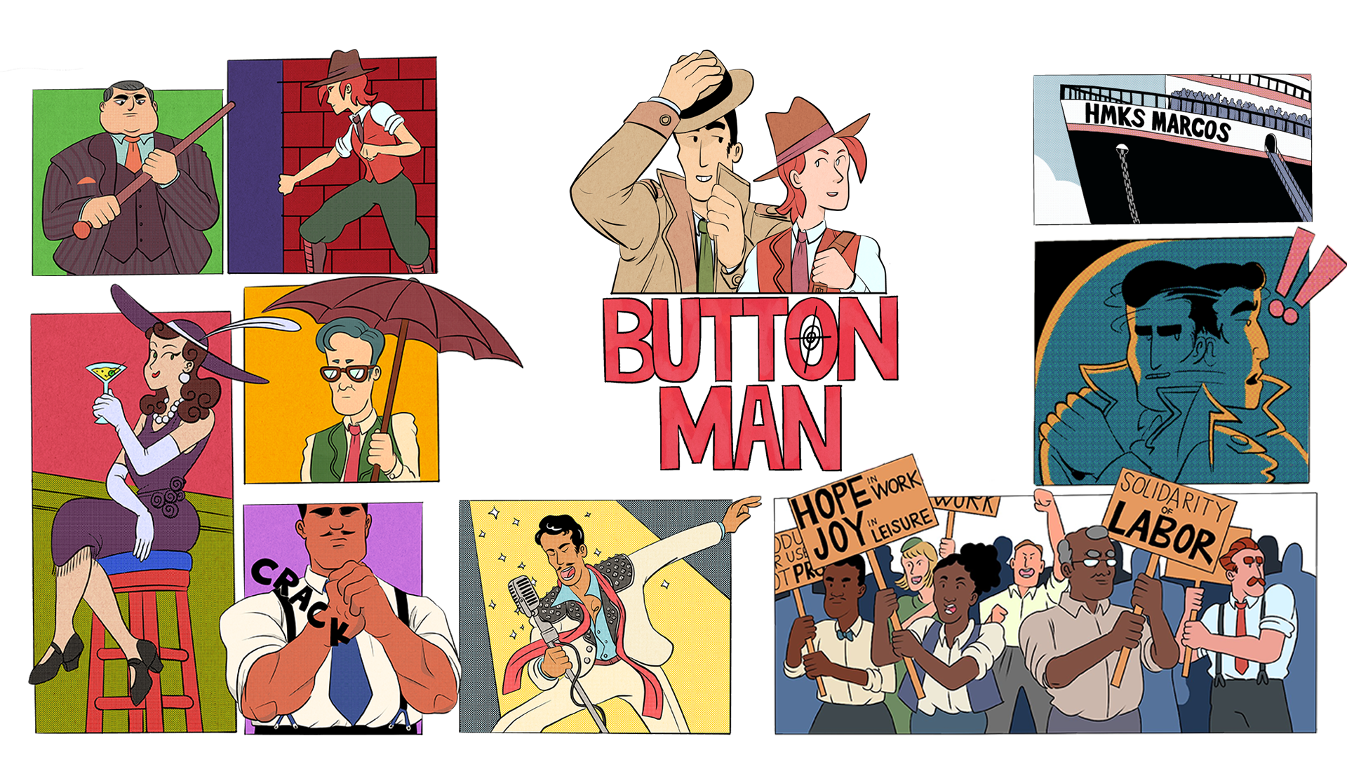 The Button Man characters and story scenes